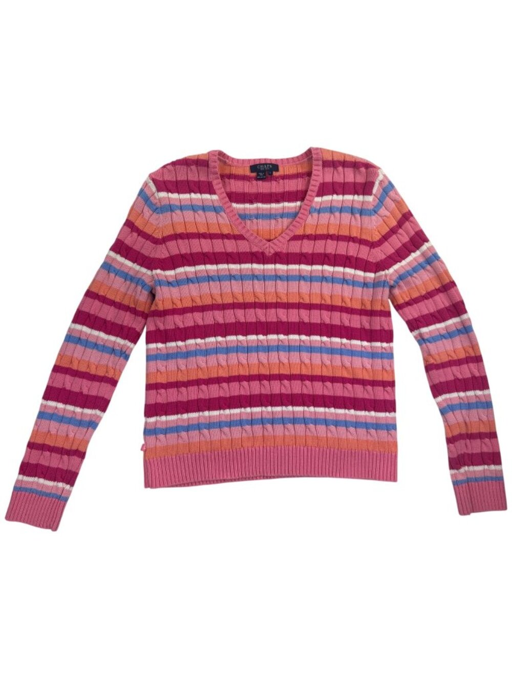 Chaps Women’s L V-Neck Cable Knit Sweater Striped Cotton Multicolor